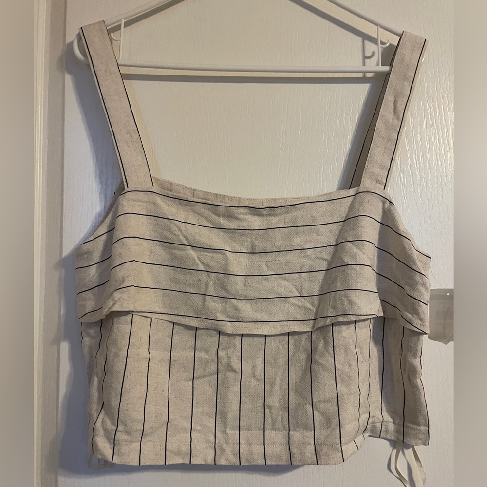 Avec Les Filles Tank Top Womens M Cream NWT Striped Linen Blend Cropped Ruffle